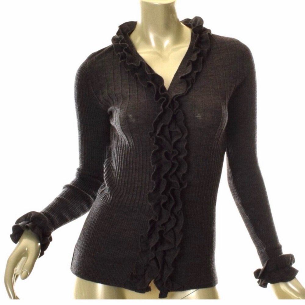 Anne Fontaine Elegant Black Ruffle V-Neck Sweater